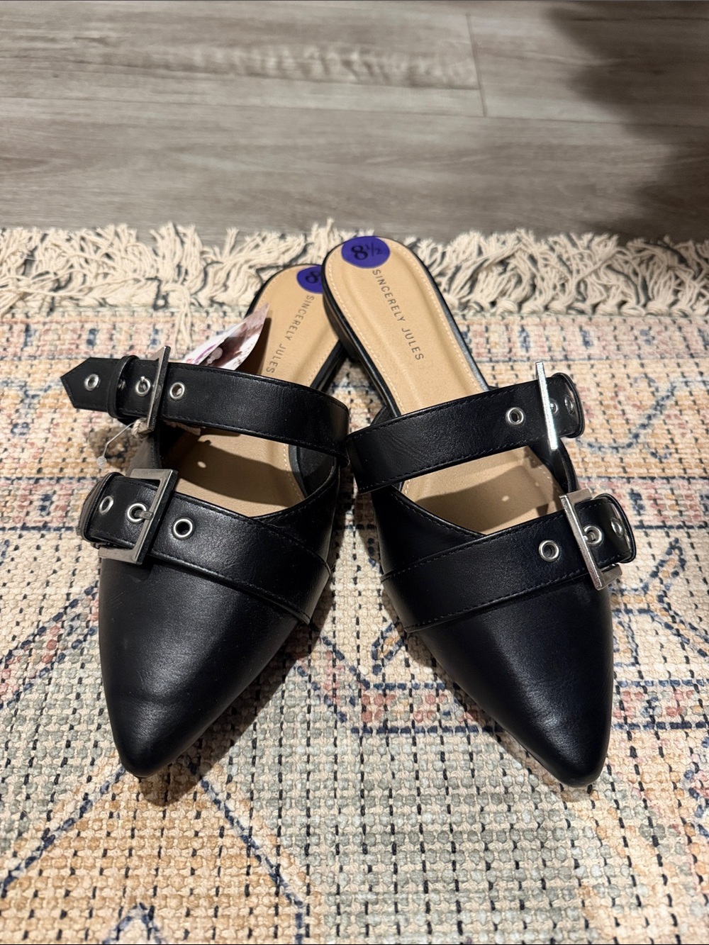 Sincerly Jules Black Pointed Double-Buckle Mules